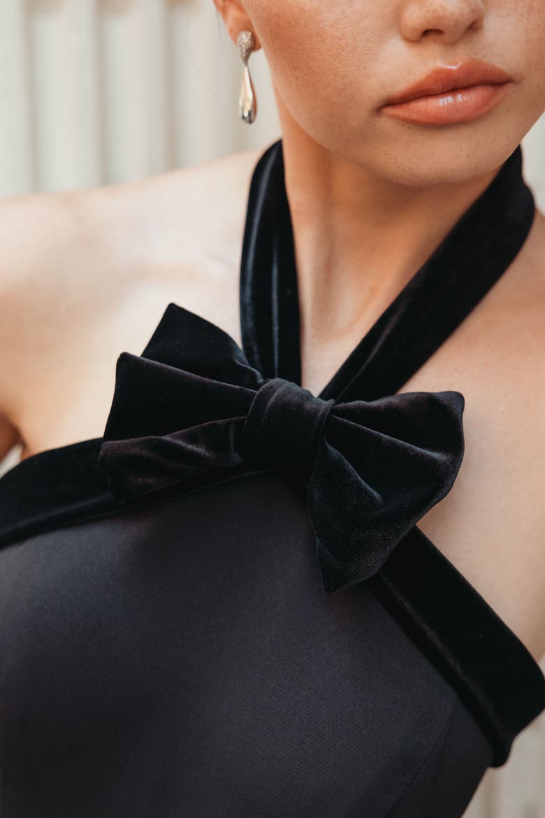 Petite Halter Neck Mermaid Gown with Bow Detail, Alternate, color, Black
