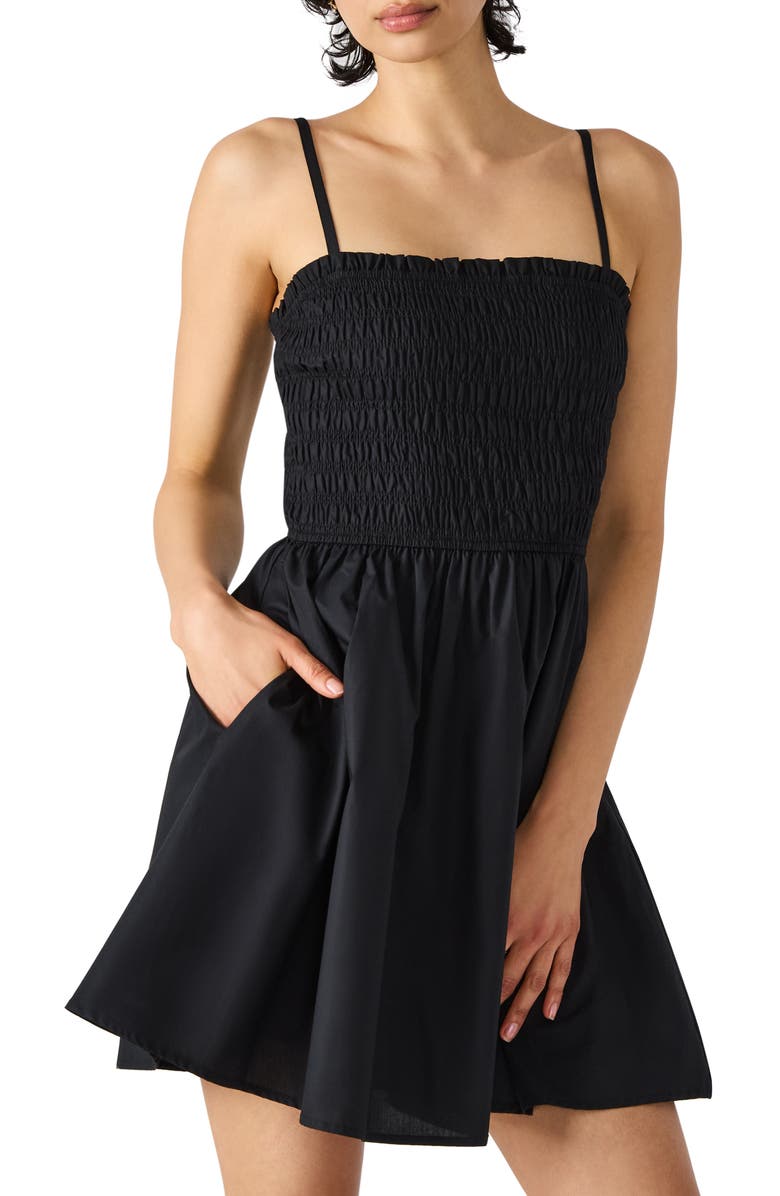 Steve Madden Lotty Smocked Fit & Flare Minidress, Alternate, color, Black