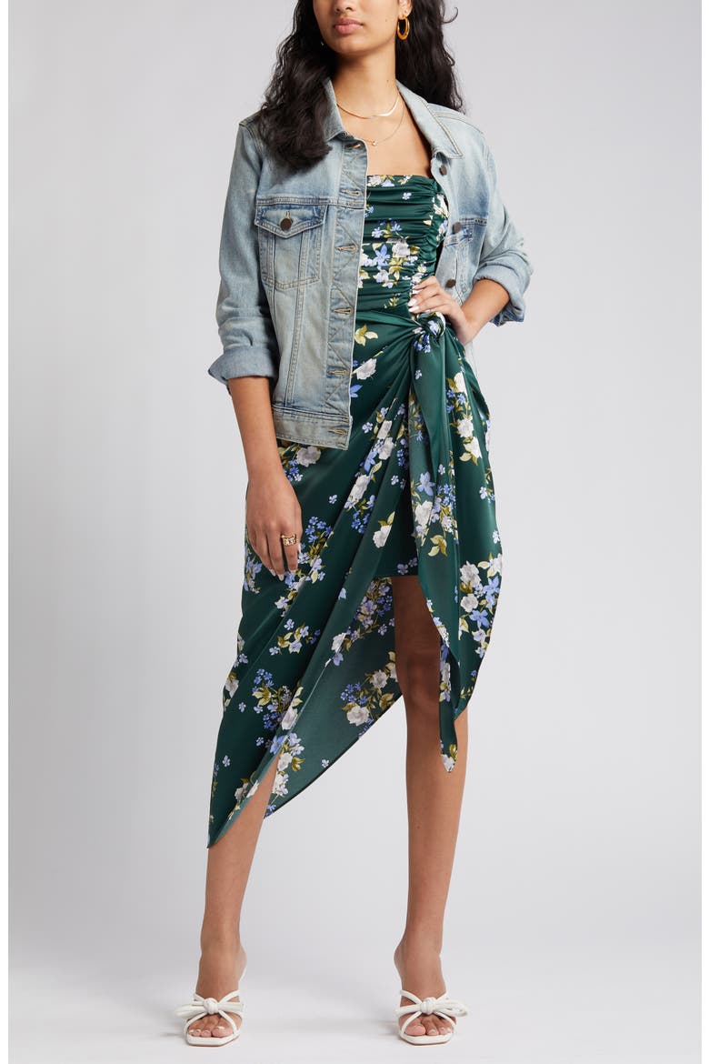 Ruched Bodice Satin Midi Dress, Main, color, HUNTER BOUQUET