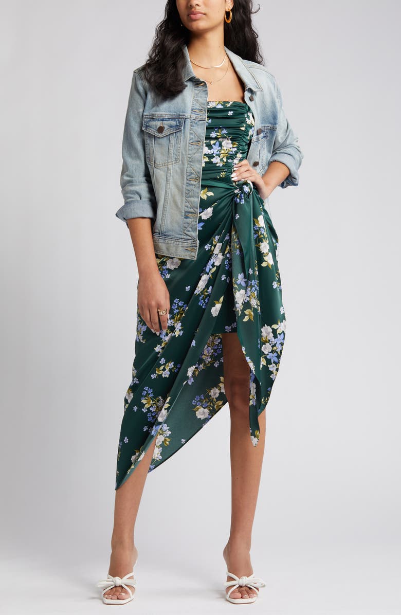 WAYF Ruched Bodice Satin Midi Dress, Main, color, Hunter Bouquet