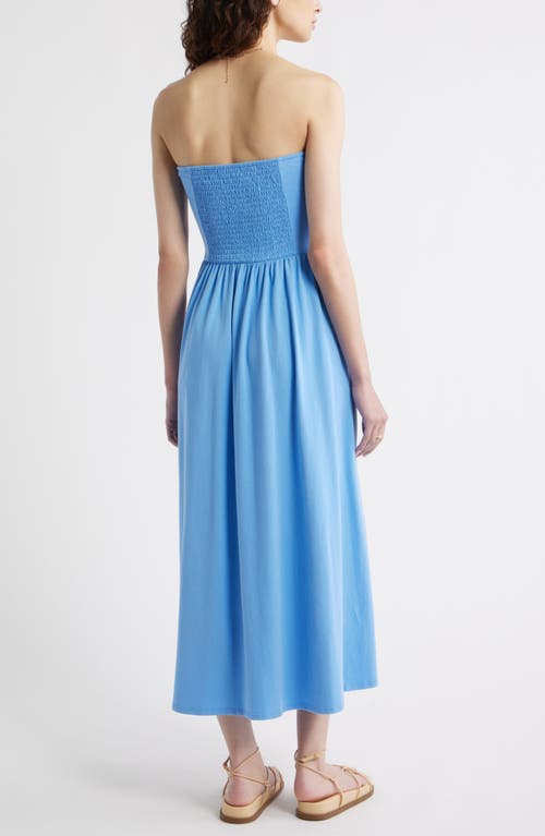 Treasure & Bond Strapless Tie Front Stretch Cotton Midi Sundress In Blue