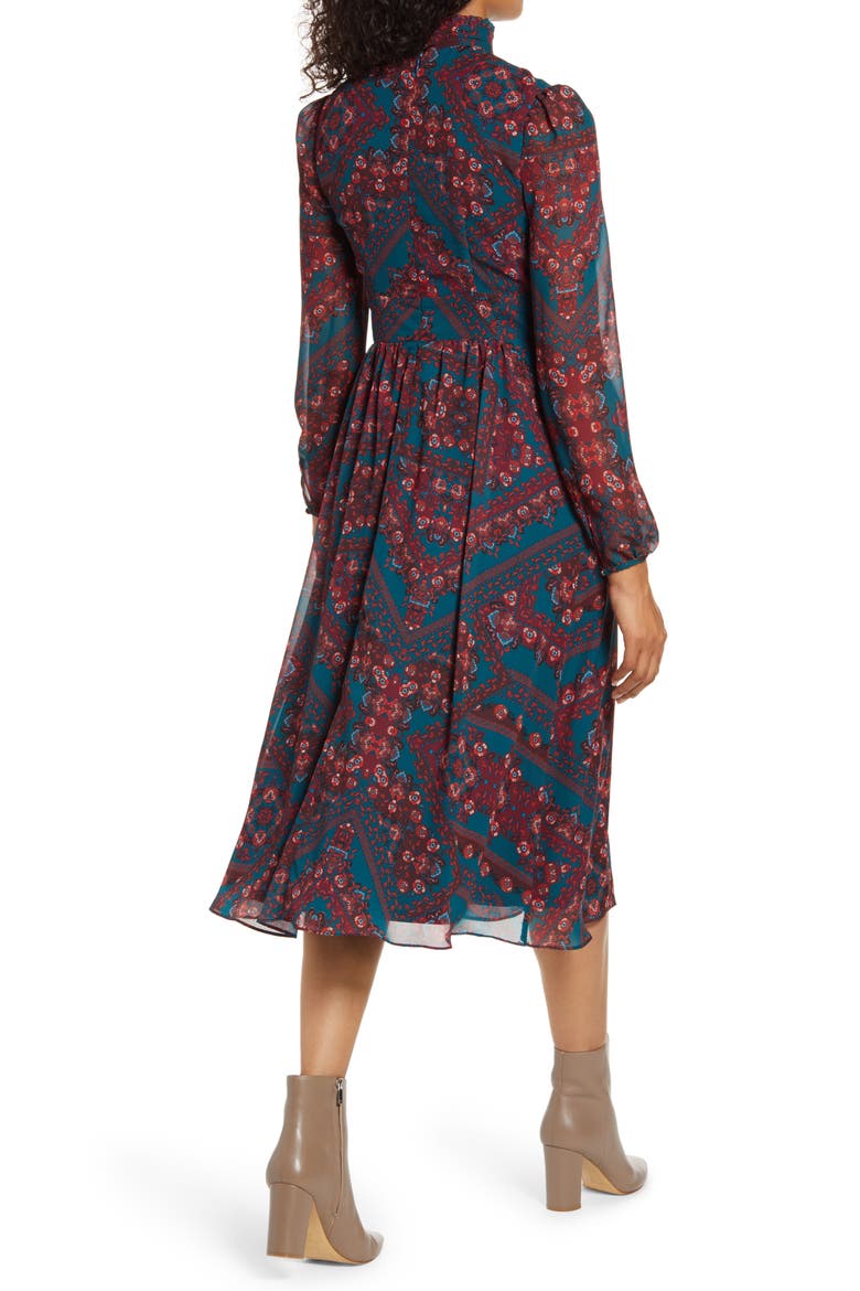 Tile Print Mock Neck Long Sleeve Midi Dress, Alternate, color, TEAL MULTI