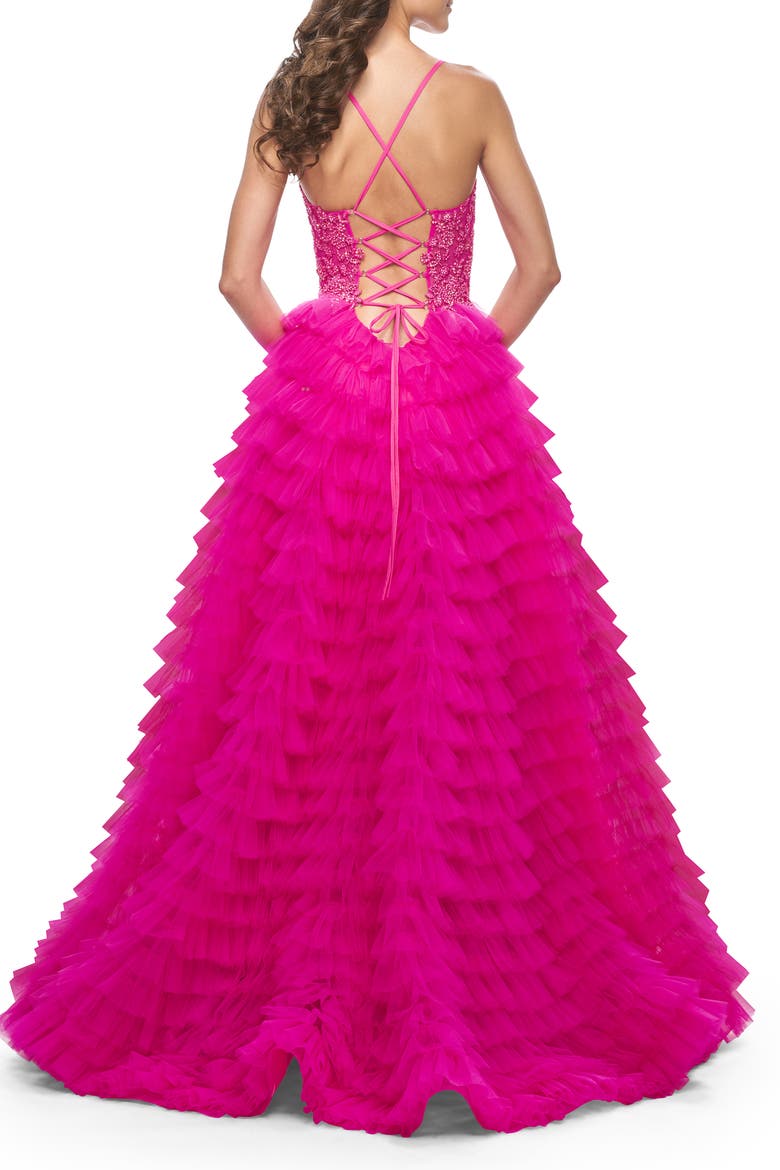 Neon Ruffle Tulle Prom Gown with Illusion Lace Bodice and High Slit, Alternate, color, Hot Fuchsia