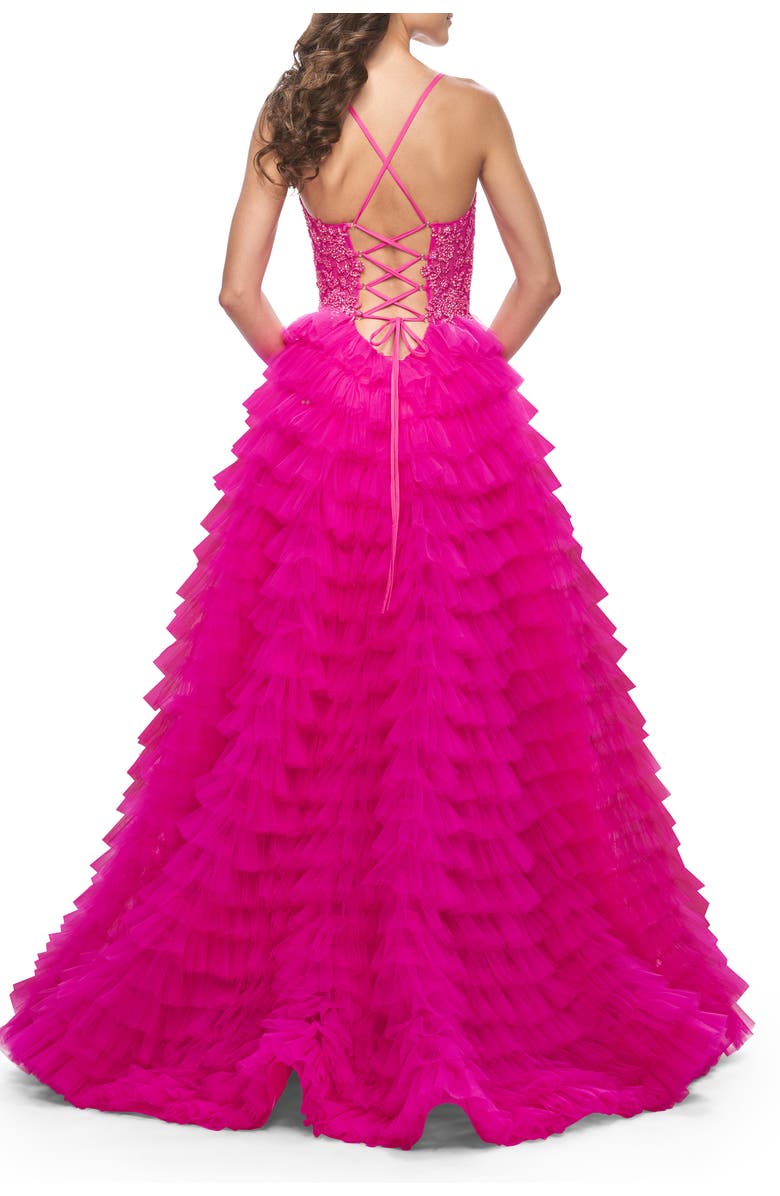 La Femme Neon Ruffle Tulle Prom Gown with Illusion Lace Bodice and High Slit, Alternate, color, Hot Fuchsia