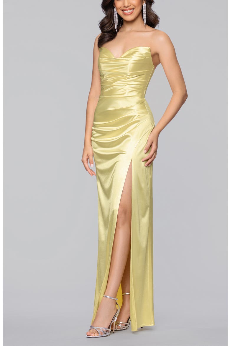 Glam Ruched Strapless Satin Gown, Alternate, color, YELLOW