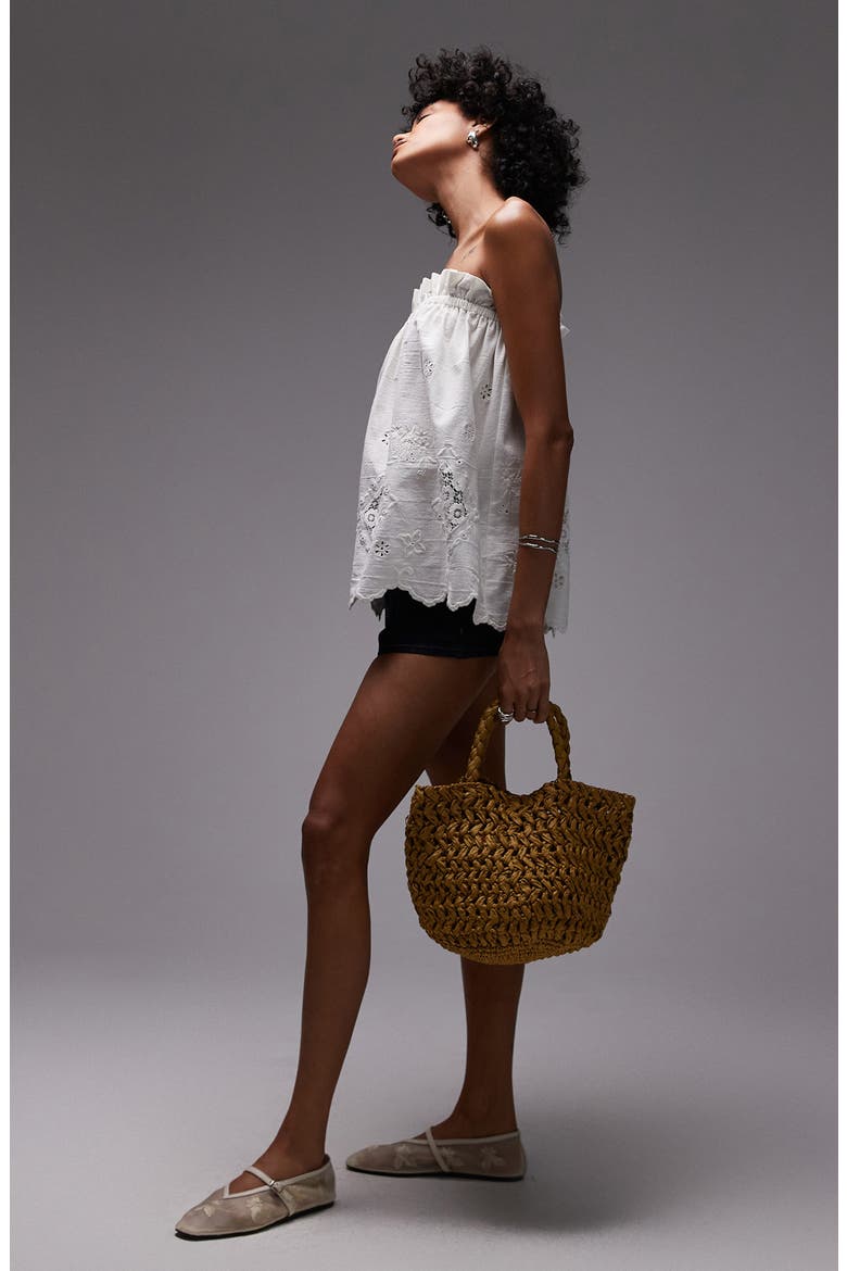 Lace Inset Strapless Cotton & Linen Top, Alternate, color, WHITE