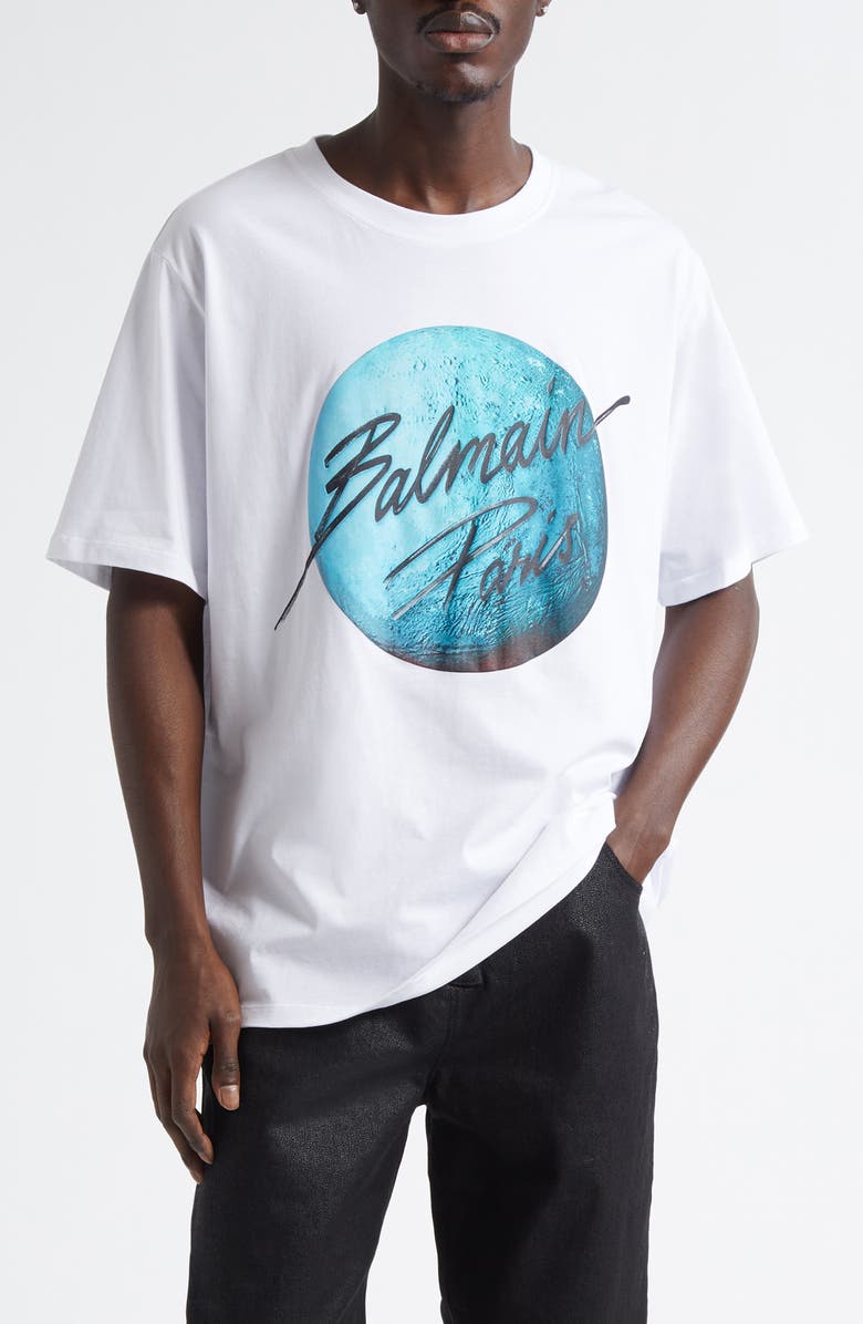 Balmain Planet Logo Graphic T-Shirt, Main, color, White