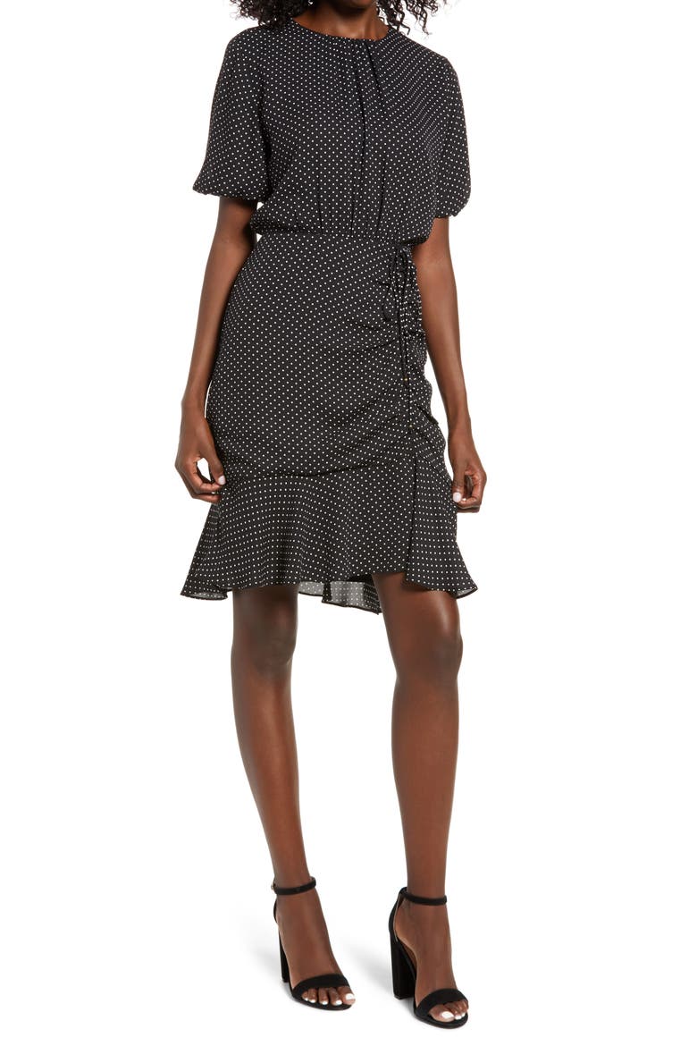 Ruched Polka Dot Dress, Main, color, BLACK/ WHITE
