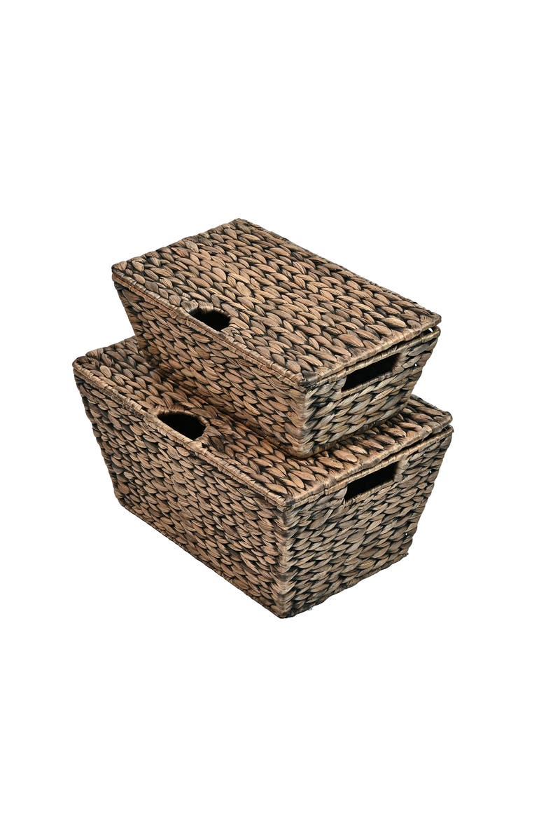 Wilder Classic Farmhouse Woven Hyacinth Rectangular Storage Baskets with Lids and Handles, Alternate, color, Brown