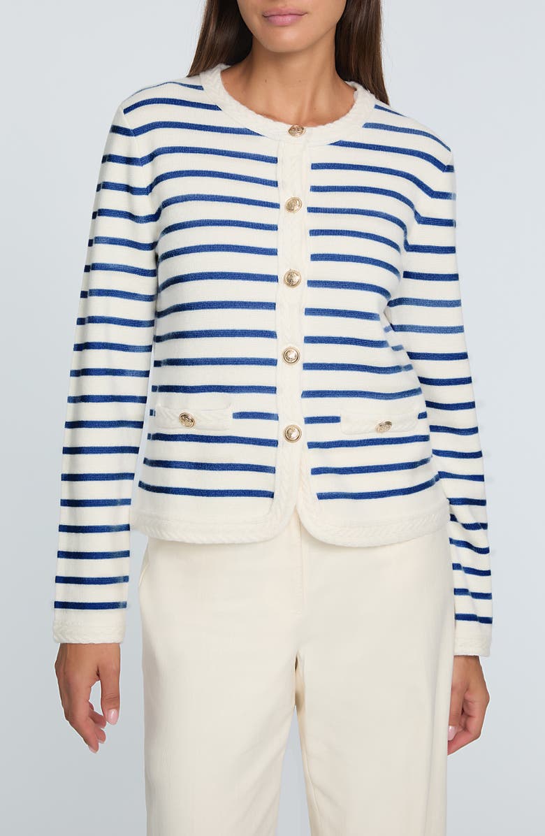 Elie Tahari The Makena Stripe Wool & Cashmere Cardigan, Main, color, Sky White And Blue Stripes