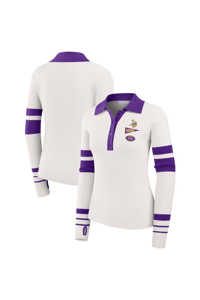 Women's WEAR by Erin Andrews White Minnesota Vikings Ribbed Henley Polo Sweater, Alternate, color, White