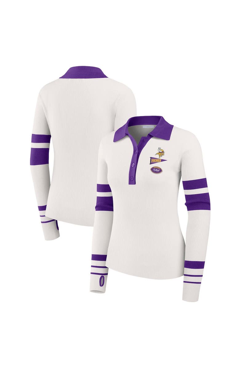 WEAR by Erin Andrews Women's WEAR by Erin Andrews White Minnesota Vikings Ribbed Henley Polo Sweater, Alternate, color, White