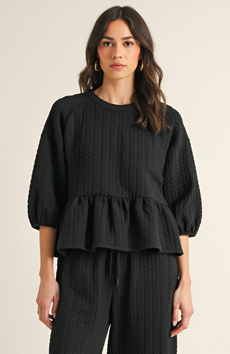 Modenaire Textured Peplum Top and Wide-Leg Pant Set with Relaxed Silhouette, Alternate, color, 