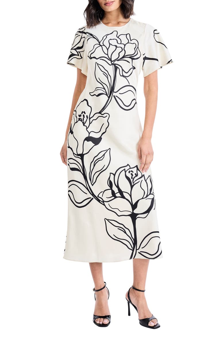 Floral Short Sleeve Midi Dress, Main, color, CREAM/ BLACK