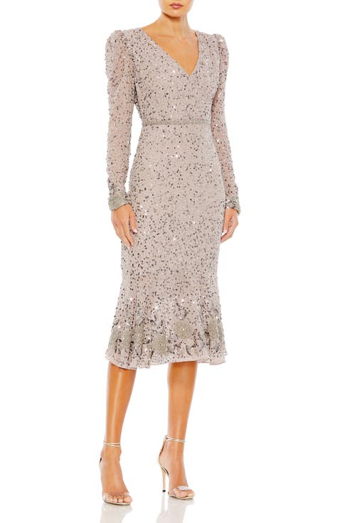 Sequin Long Sleeve with Trumpet Hem & Beaded Detail