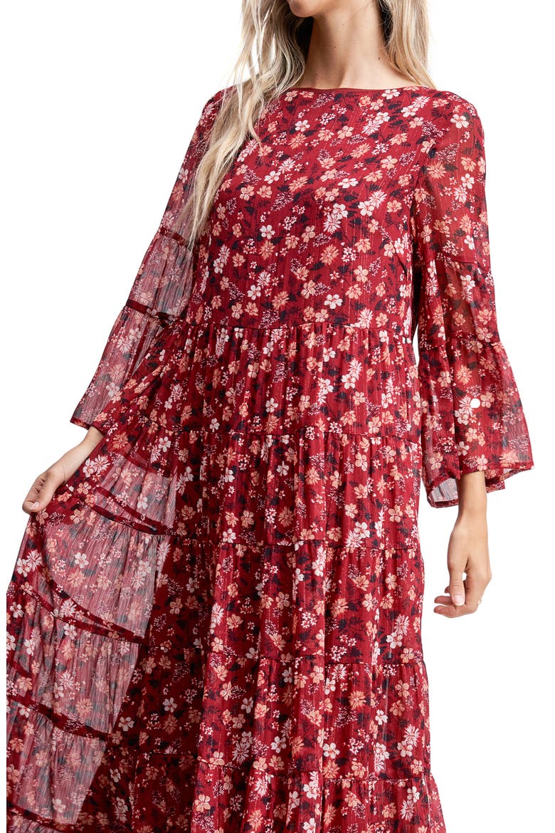 Floral Tiered Midi Dress, Alternate, color, RED