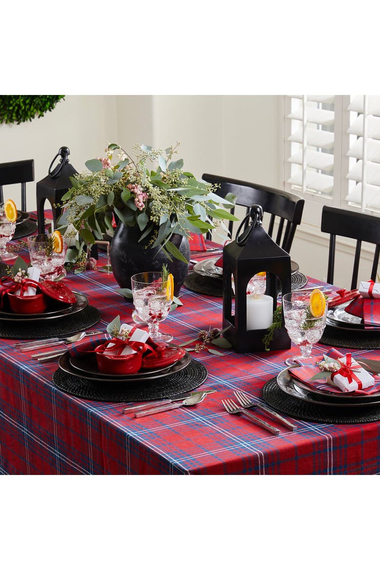 Linen Table Throw 52 x 52 Inch - Red Tartan Plaid, Alternate, color, Red and Navy