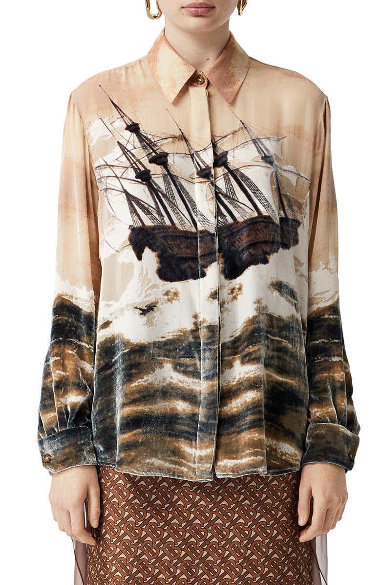 Burberry Print Velvet & Chiffon Shirt, Main, color, 