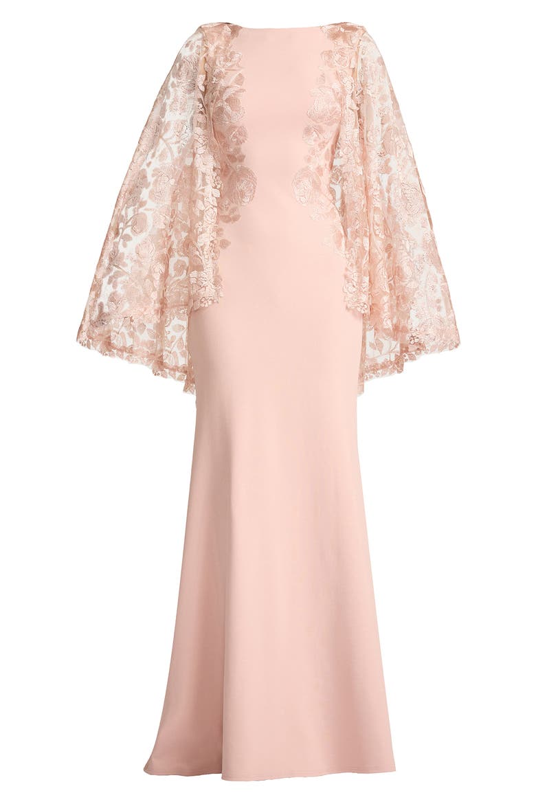 Embroidered Capelet Long Sleeve Gown, Alternate, color, PALE PINK