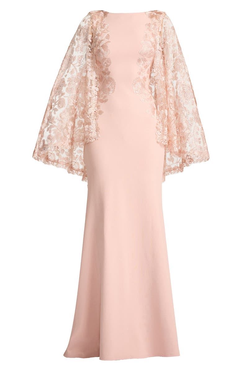 Tadashi Shoji Embroidered Capelet Long Sleeve Gown, Alternate, color, Pale Pink