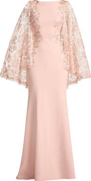 Tadashi Shoji Embroidered Capelet Long Sleeve Gown