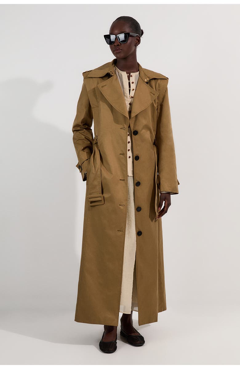 Karen Millen Strong Shoulder Belted Maxi Trench Coat, Main, color, Olive