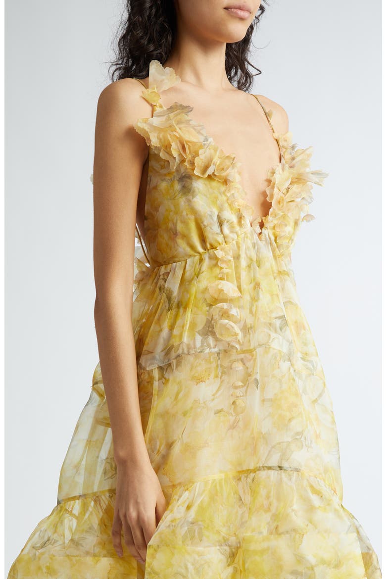 Harmony Floral Asymmetric Silk Organza Dress, Alternate, color, YELLOW PEONY