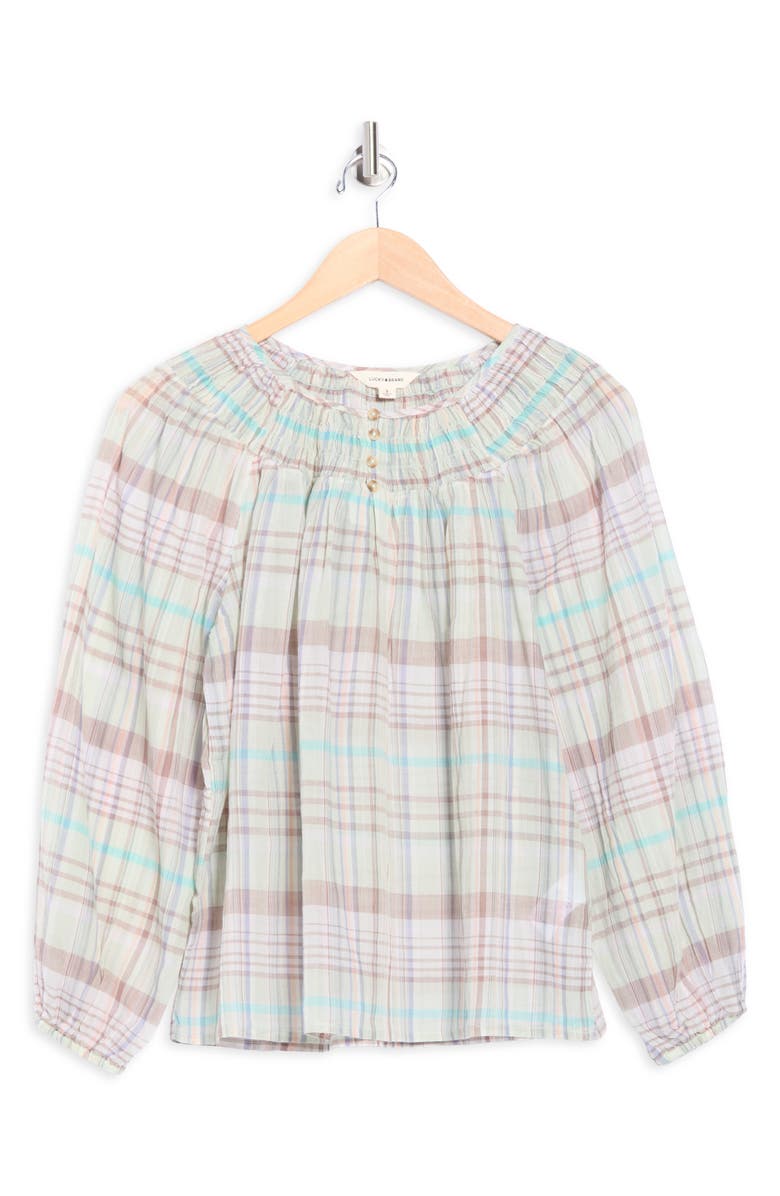 Lucky Brand Floral Smocked Yoke Cotton Top, Alternate, color, Aqua Plaid