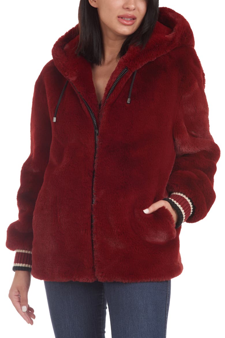 Faux Fur Hooded Jacket, Main, color, RUBY