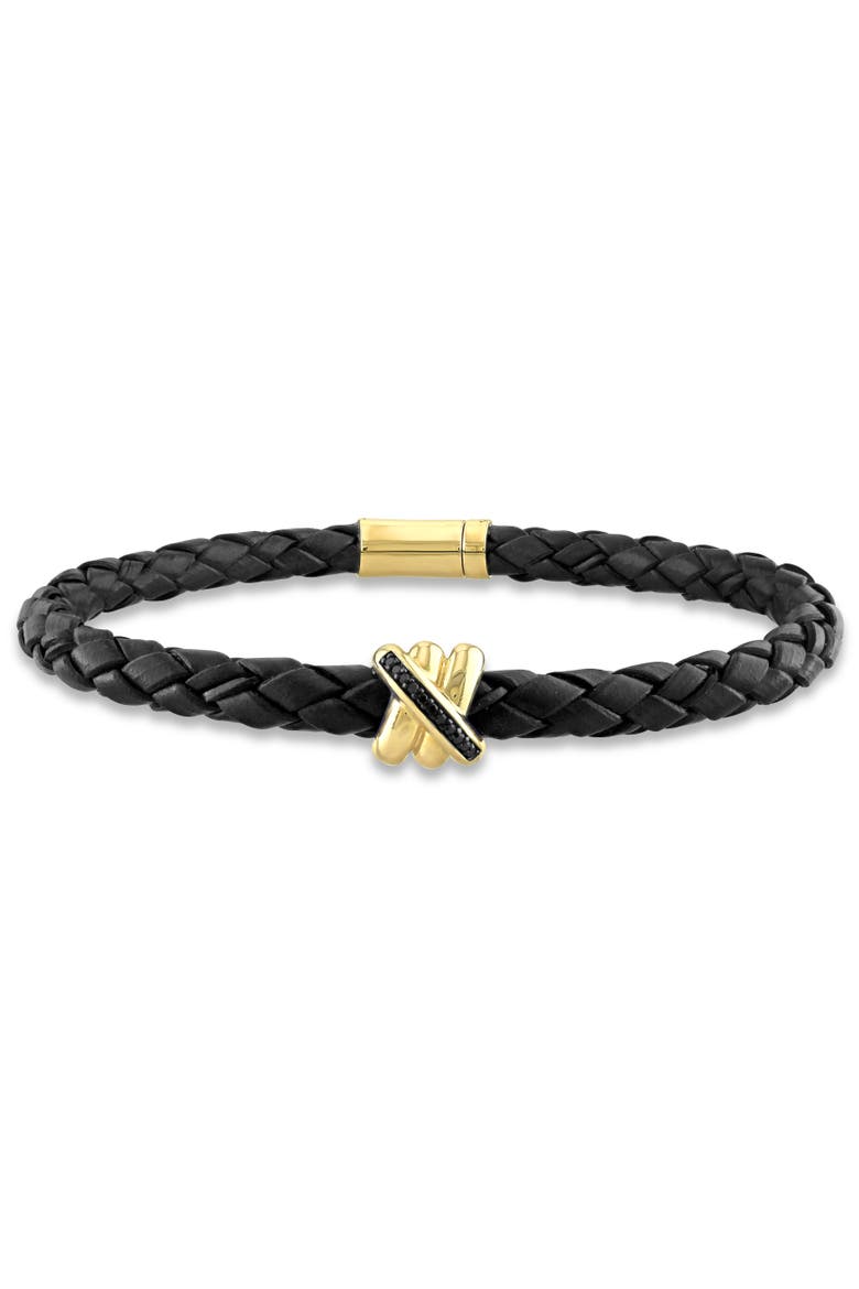 Diamond Crossover Motif Black Leather Bracelet 14k, Main, color, Gold/Black Diamond