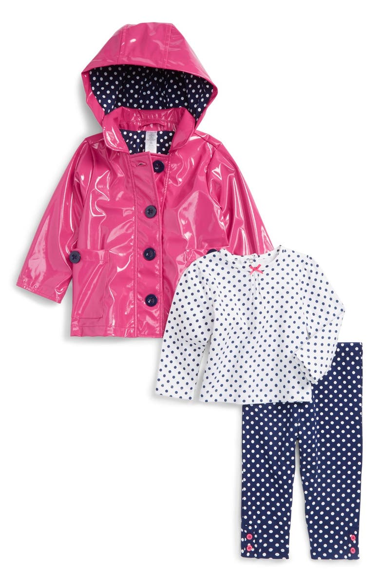 Little Me Polka Dot Rain Jacket, Tee & Leggings Set, Main, color, 