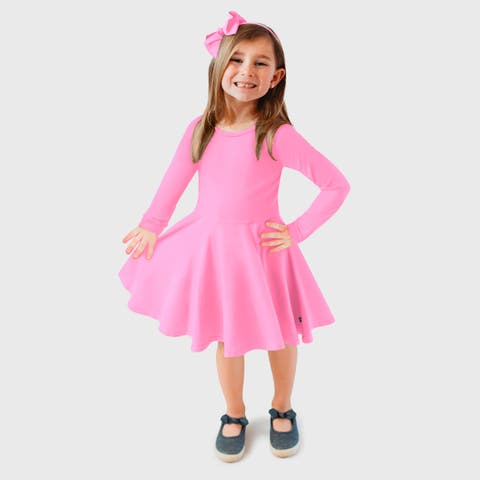 Girls Soft Jersey 100% Cotton Long Sleeve Skater Twirly Dress (Toddler/Kids)