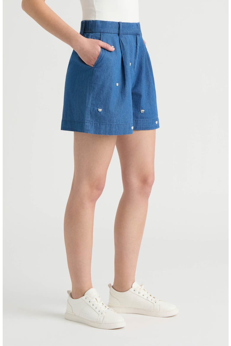 Faux Pearl Beaded Denim Shorts, Alternate, color, DENIM BLUE