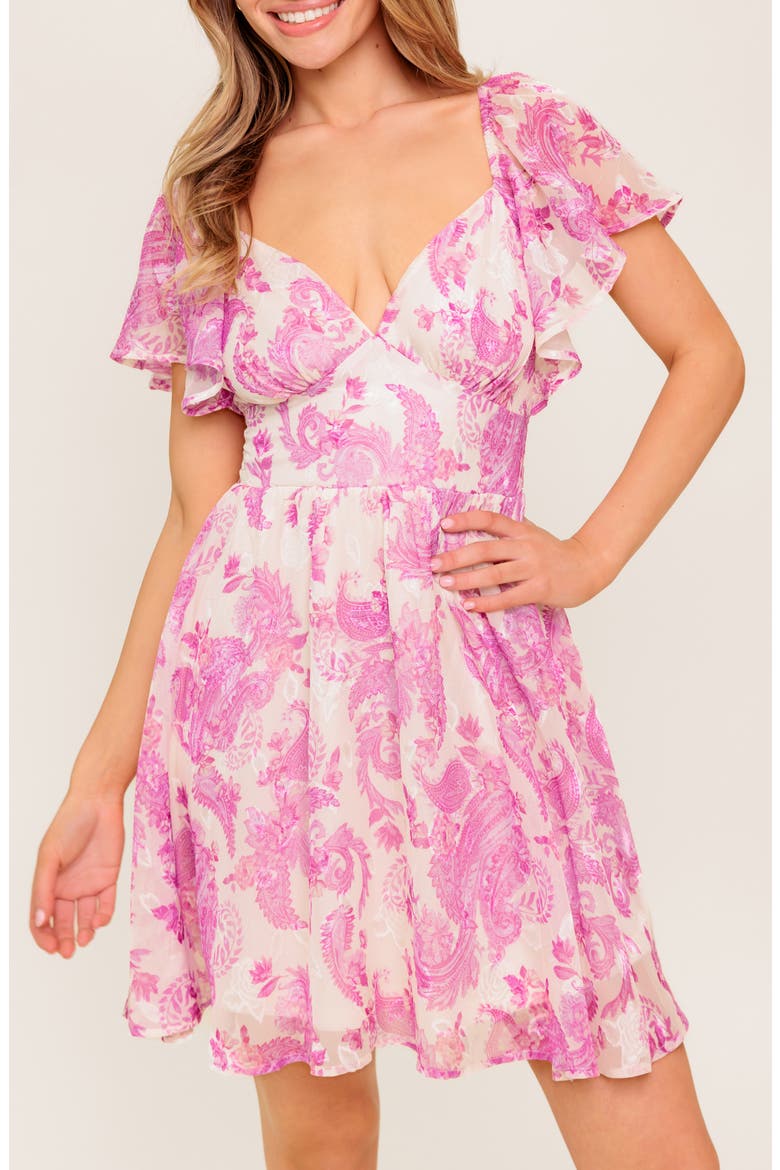 Flutter Sleeve Print Midi Dress, Alternate, color, IVORY PINK