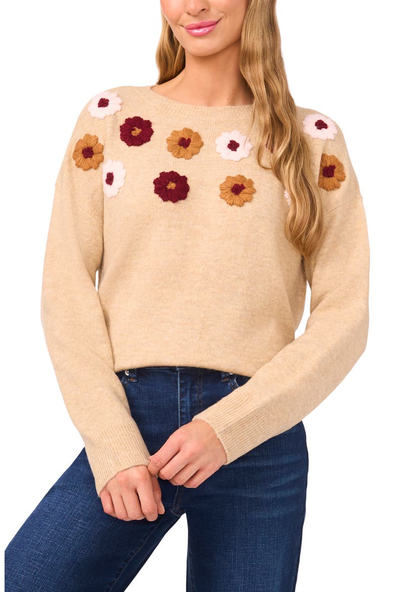 Embroidered Flower Sweater, Main, color, SANDY HEATHER