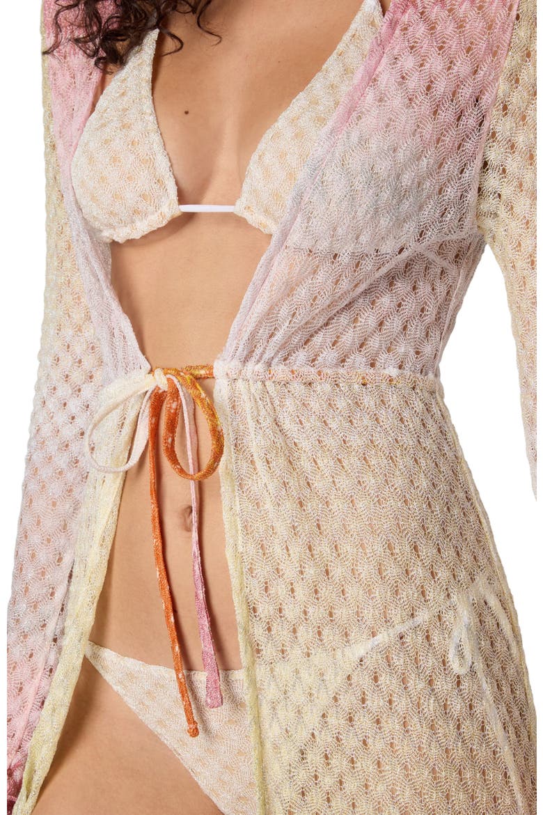 Cardigan In Lamé Viscose With Dégradé Spiderweb Motif, Alternate, color, Orange