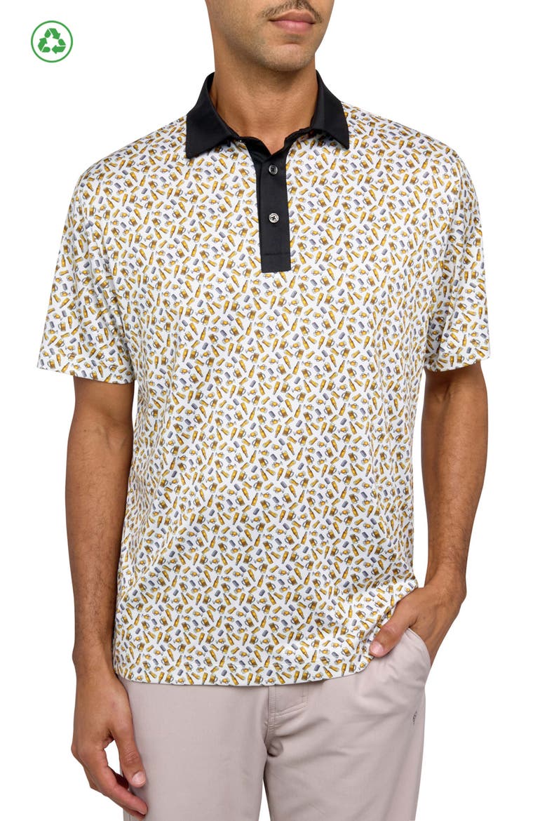 Regular Fit Micro Beers Print Recycled Performance Golf Polo, Main, color, WHITE/YELLOW