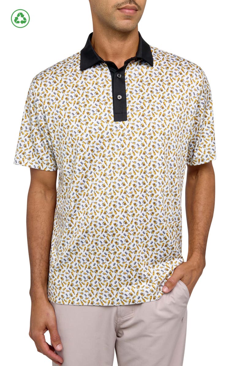 CON.STRUCT Regular Fit Micro Beers Print Recycled Performance Golf Polo, Main, color, White/Yellow