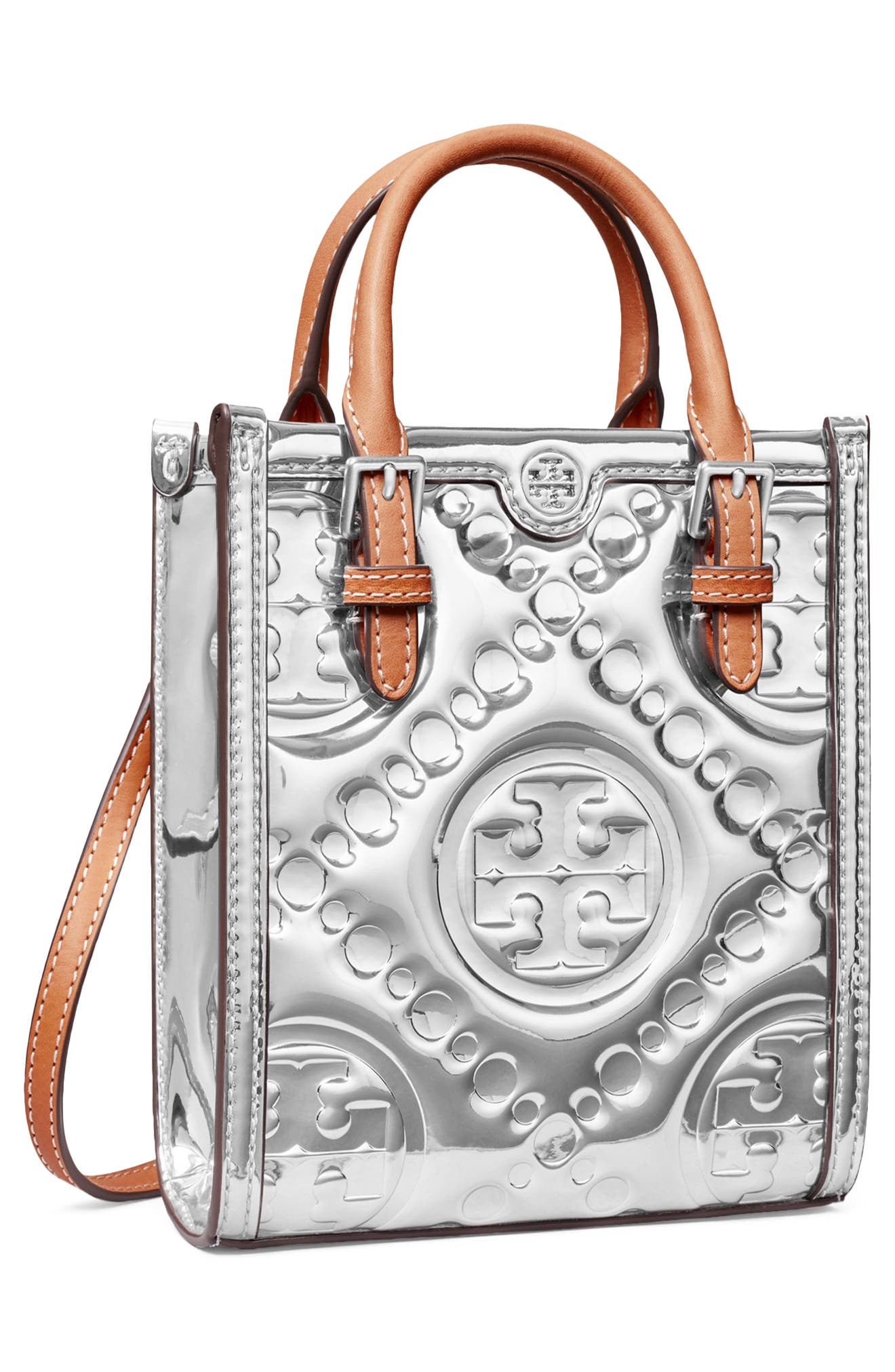 Tory Burch Mini T Monogram Embossed Metallic Tote Bag, Alternate, color, 