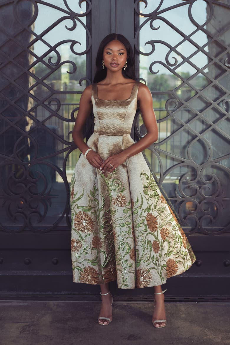Embroidered Floral Jacquard A-Line Midi Dress, Alternate, color, Gold
