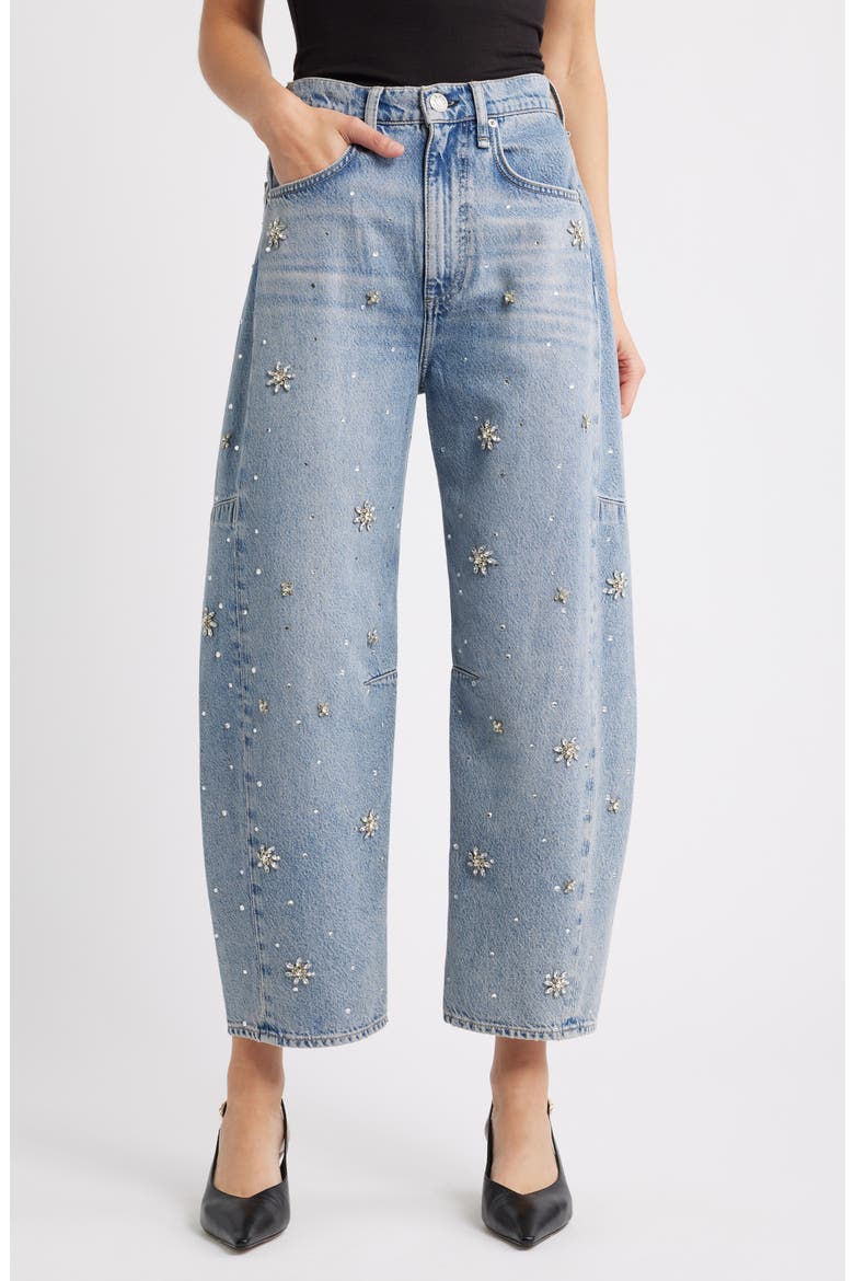 Charlie Flower Crystal High Waist Ankle Barrel Jeans, Main, color, BAND JEWEL