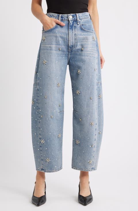 Charlie Flower Crystal High Waist Ankle Barrel Jeans