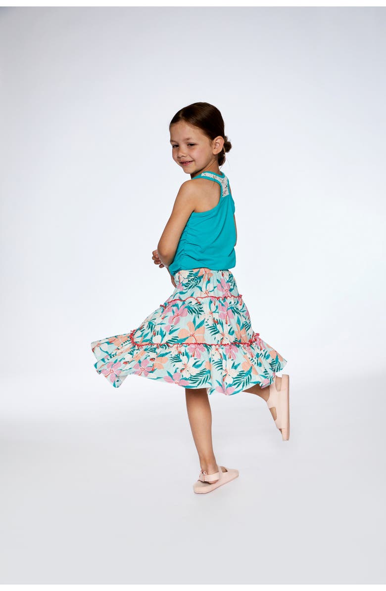 Deux par Deux Little Girl's Long Crinkle Peasant Skirt Blue Printed Beach Hibiscus, Alternate, color, 