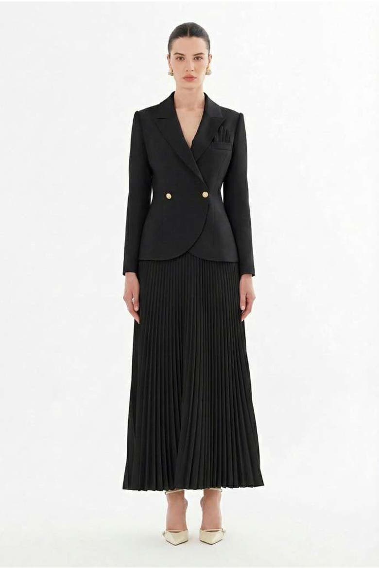 Double-Breasted Jacket and Pleated Skirt, Main, color, Black