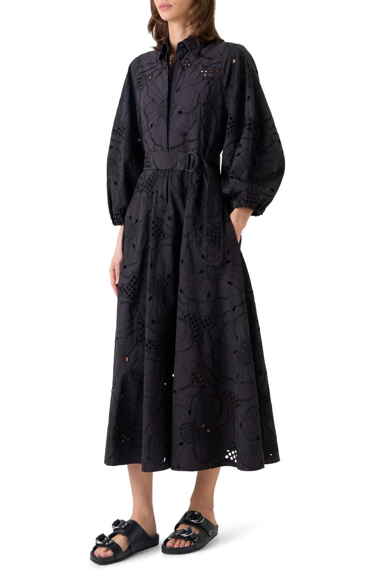 Akris punto Floral Embroidered Eyelet Cotton Poplin Shirtdress, Alternate, color, Black