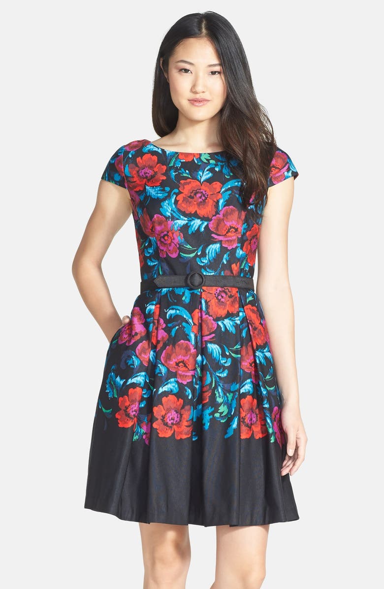 Eliza J Floral Print Pleat Fit & Flare Dress, Main, color, 