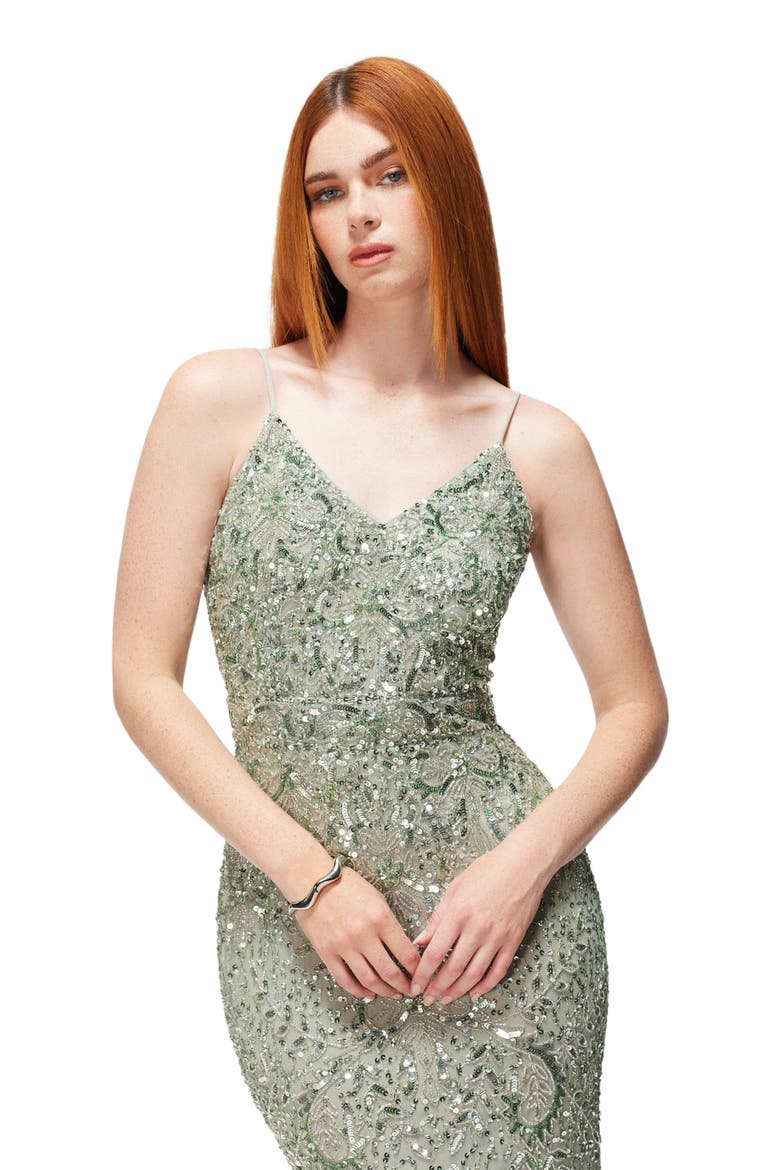 Occasion Embellished Sequin Beaded V Neck Evening Dress, Alternate, color, SAGE GREEN