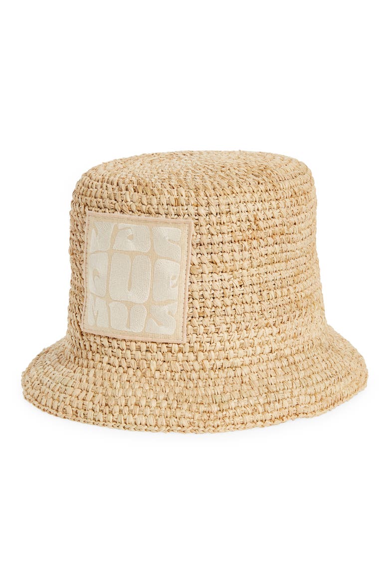 Le Bob Ficiu Embroidered Logo Raffia Bucket Hat, Main, color, BEIGE 150