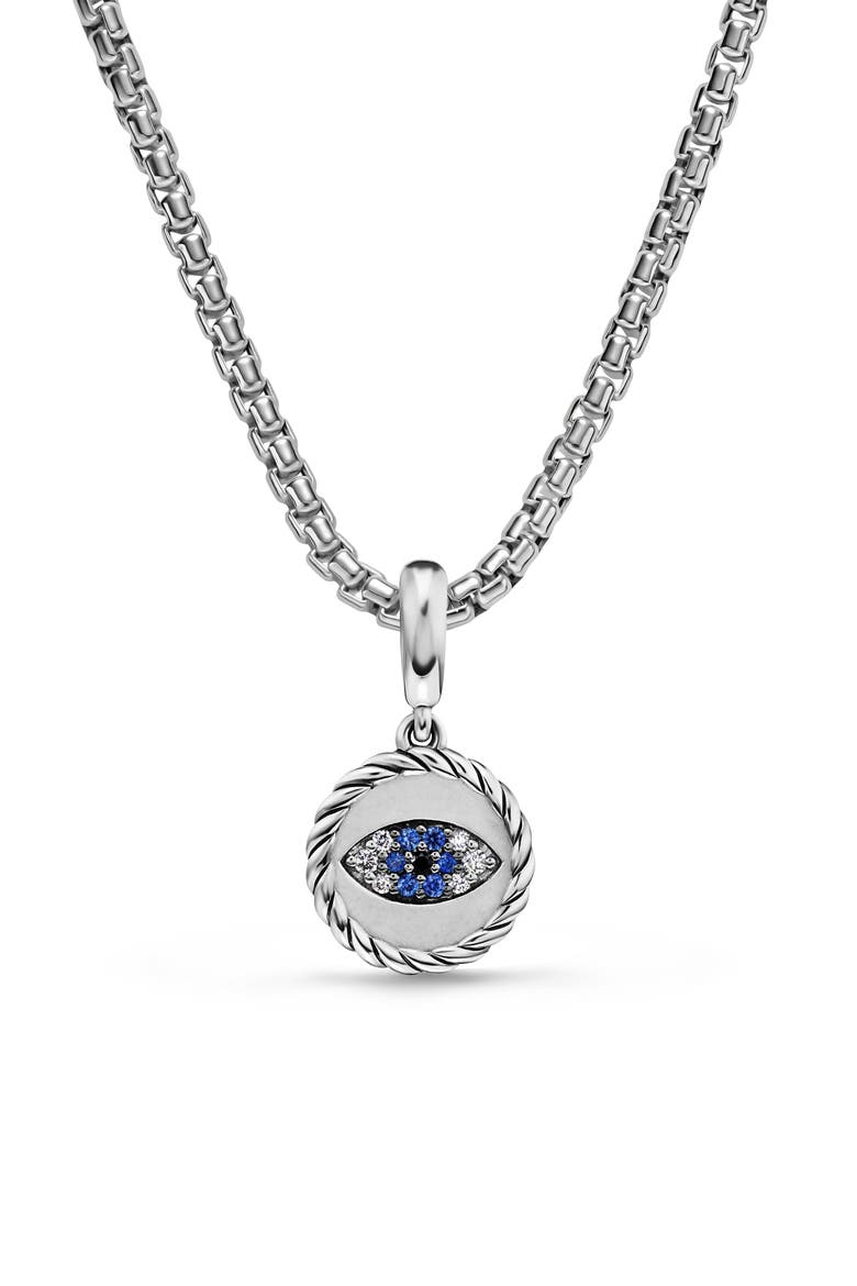 Evil Eye Amulet in Sterling Silver with Light Blue Sapphires, Black Diamonds and Diamonds, 12.6mm, Alternate, color, SILVER PAVE