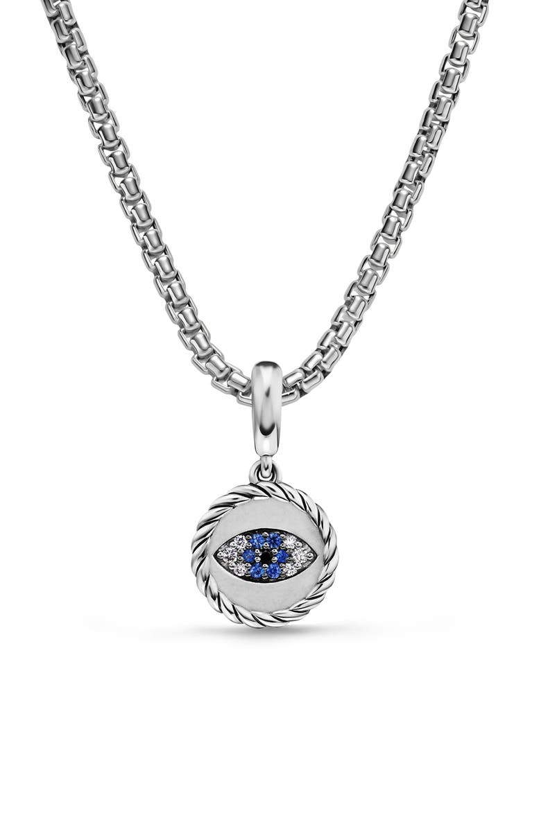 David Yurman Evil Eye Amulet in Sterling Silver with Light Blue Sapphires, Black Diamonds and Diamonds, 12.6mm, Alternate, color, Silver Pave